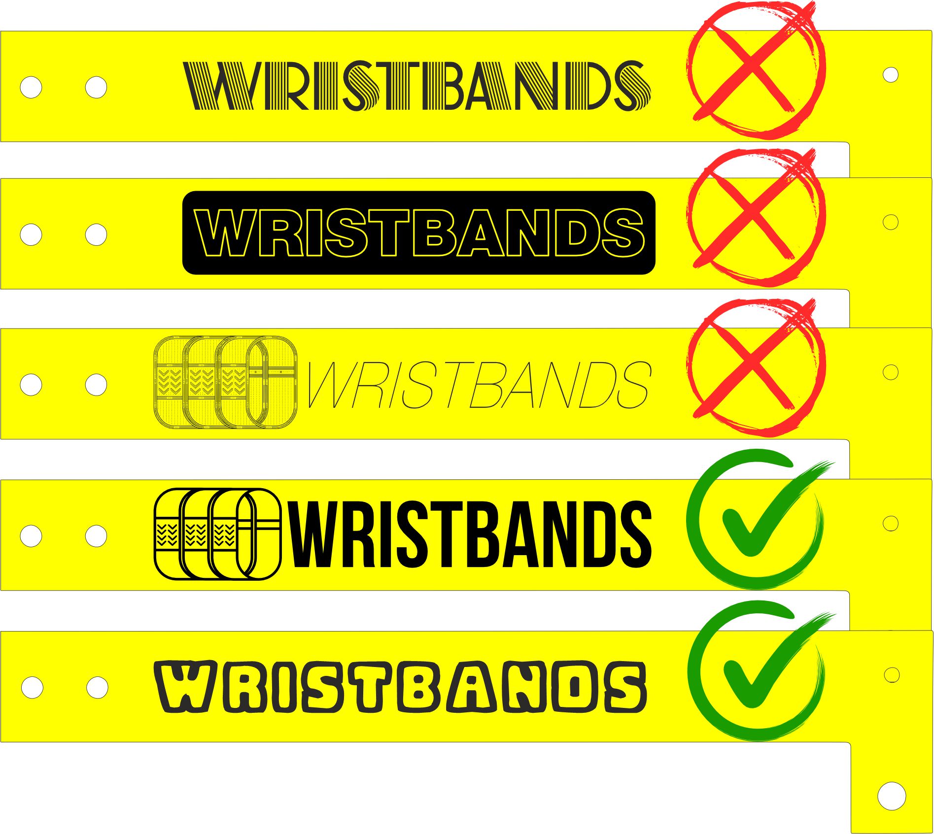 Cinq bracelets en vinyle : trois designs refusés, faits de filets, de contours et de détails fins, et deux designs acceptés, dessinés en formes pleines