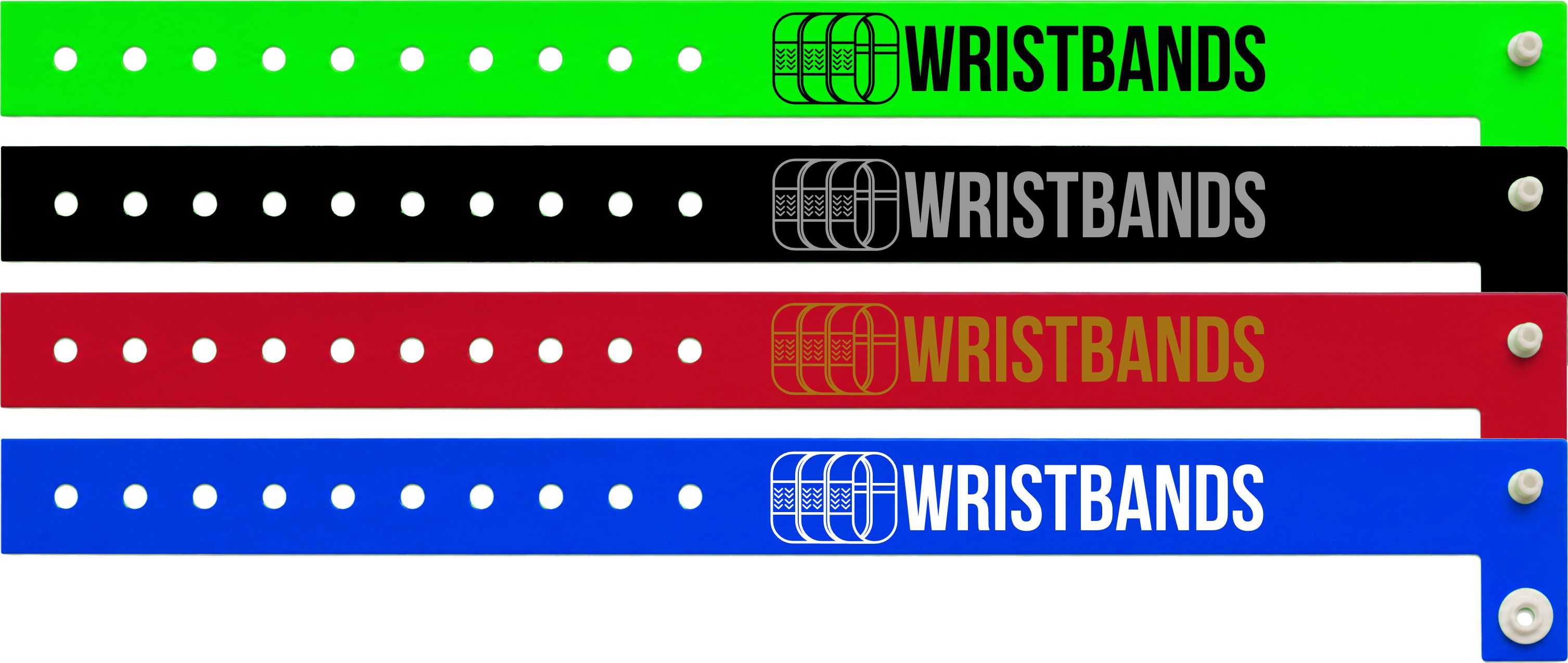 Quatre bracelets en vinyle : impression noire sur vert fluo, argent sur noir, or sur rouge et blanc sur bleu