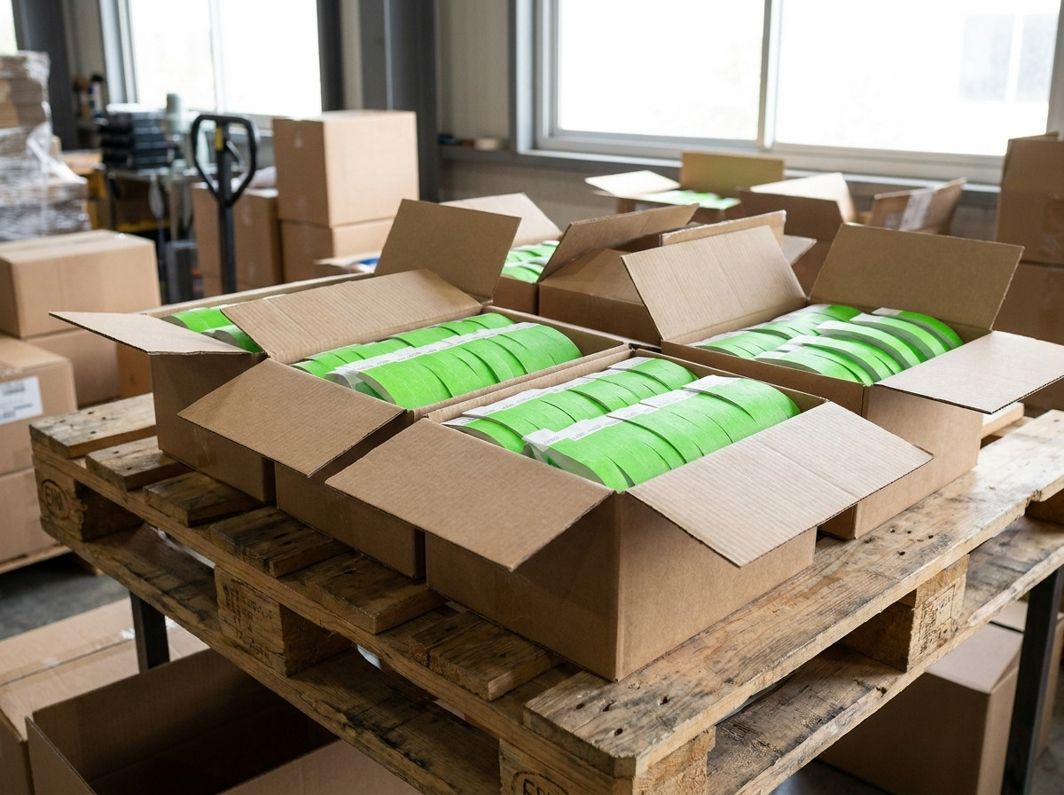 Cartons de bracelets festival Tyvek prêts à l'expédition avec étiquettes DHL Express, illustrant la livraison rapide en 24 heures pour les événements urgents