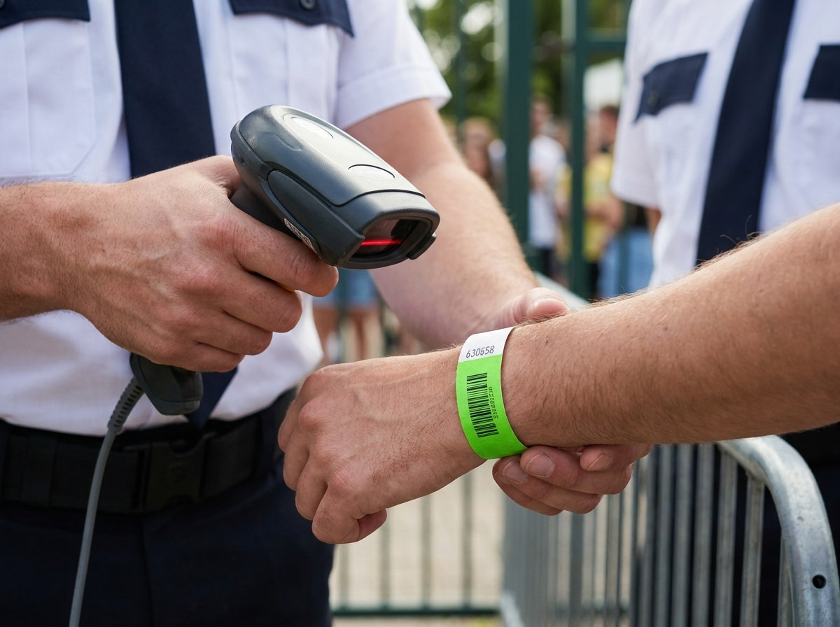Agent de sécurité scannant le code-barres d'un bracelet Tyvek au contrôle d'accès d'un festival en plein air, scanner laser en main