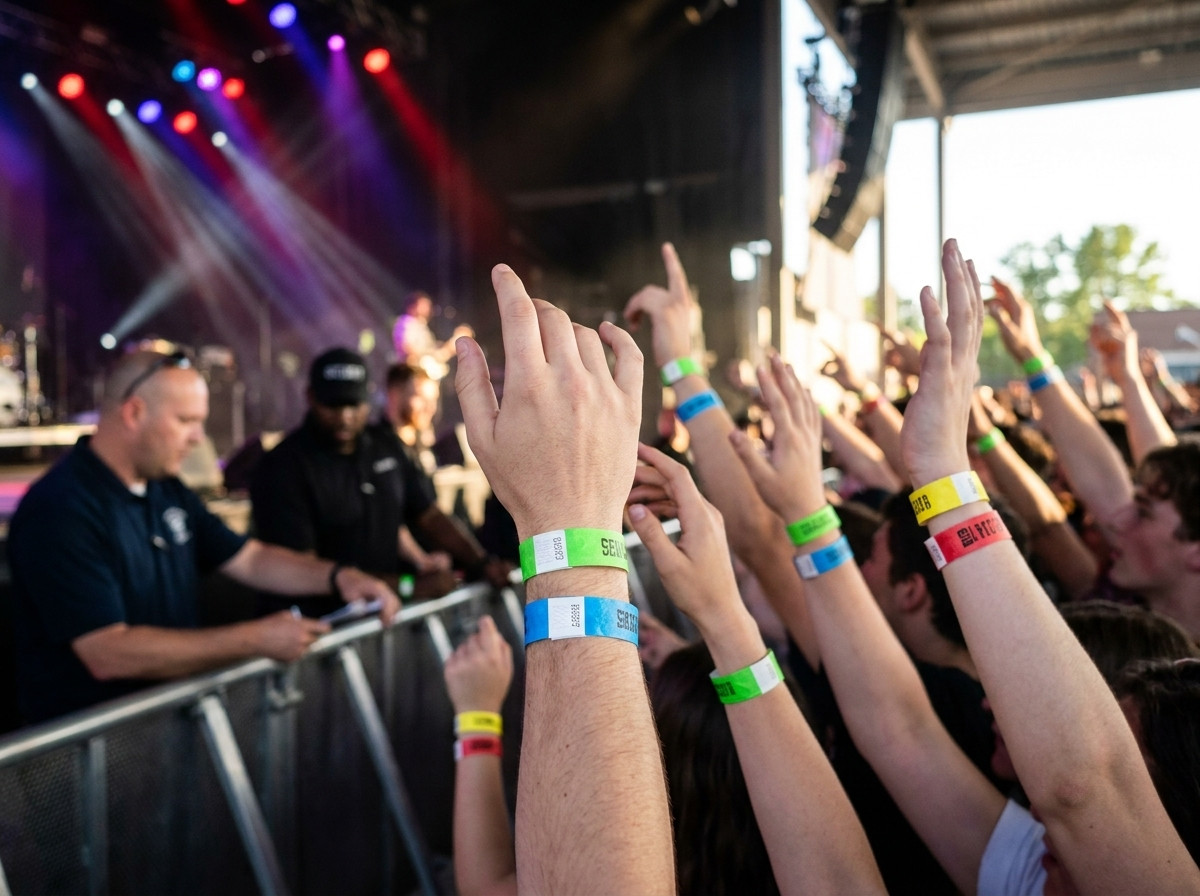 bracelets identification colorés portés par des spectateurs en fosse lors d'un concert, agents de sécurité vérifiant les accès en arrière-plan