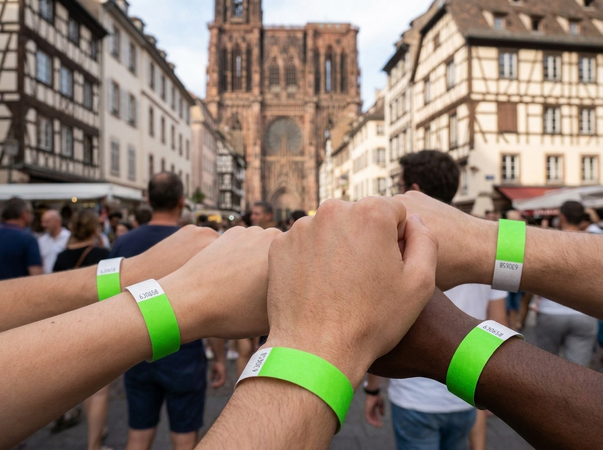 Bracelets festival Tyvek personnalisés pour un événement à Strasbourg, bords du Rhin en arrière-plan