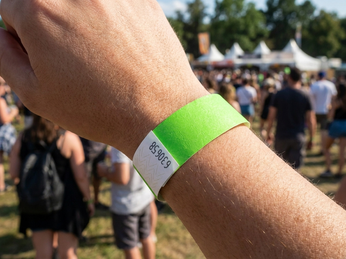 Bracelet vinyl PVC avec photo imprimée en haute définition, porté au poignet lors d'un festival en plein air