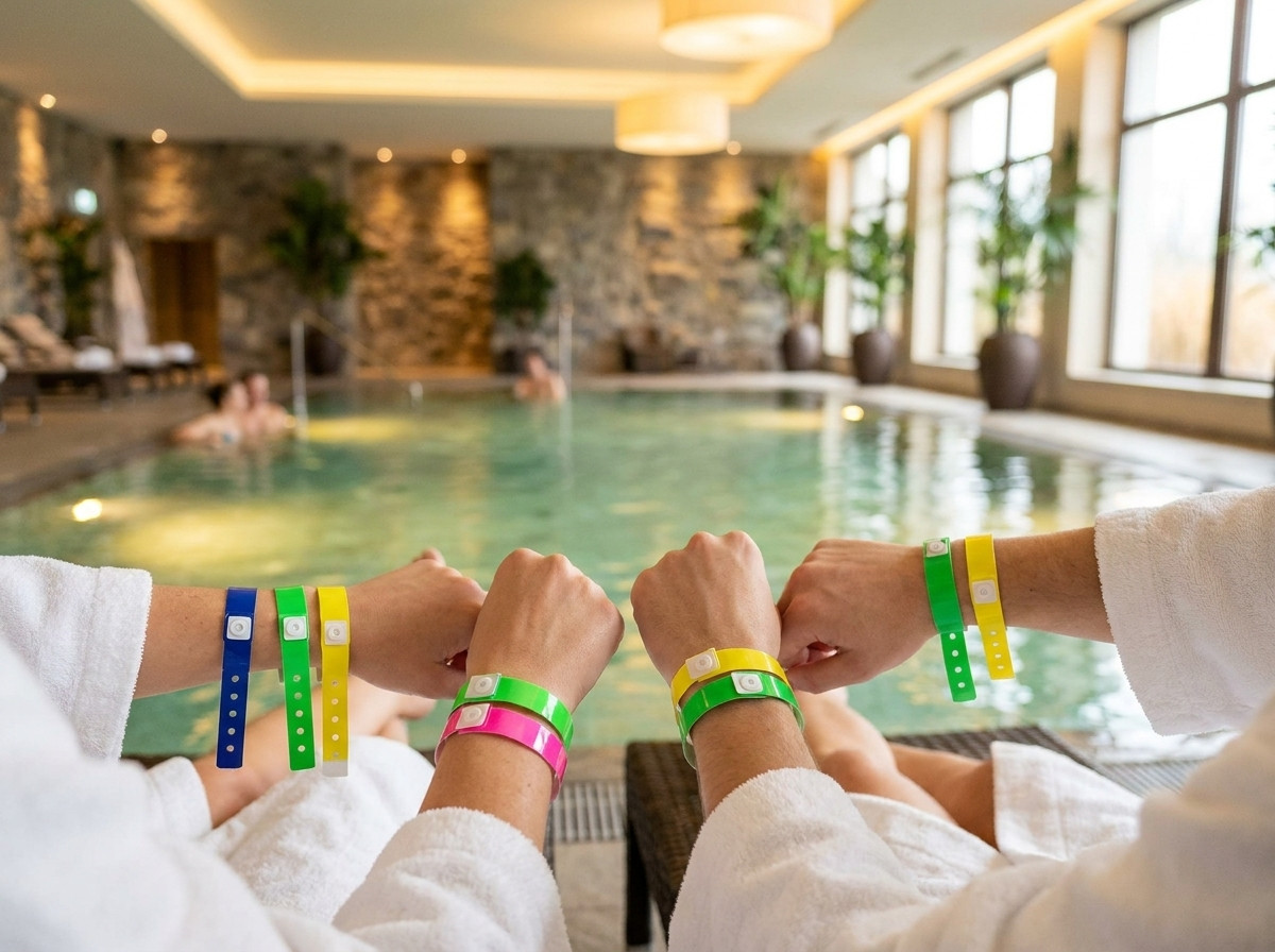 Bracelets vinyle colorés portés au poignet de clients dans un espace spa hôtel avec piscine intérieure et lumières tamisées