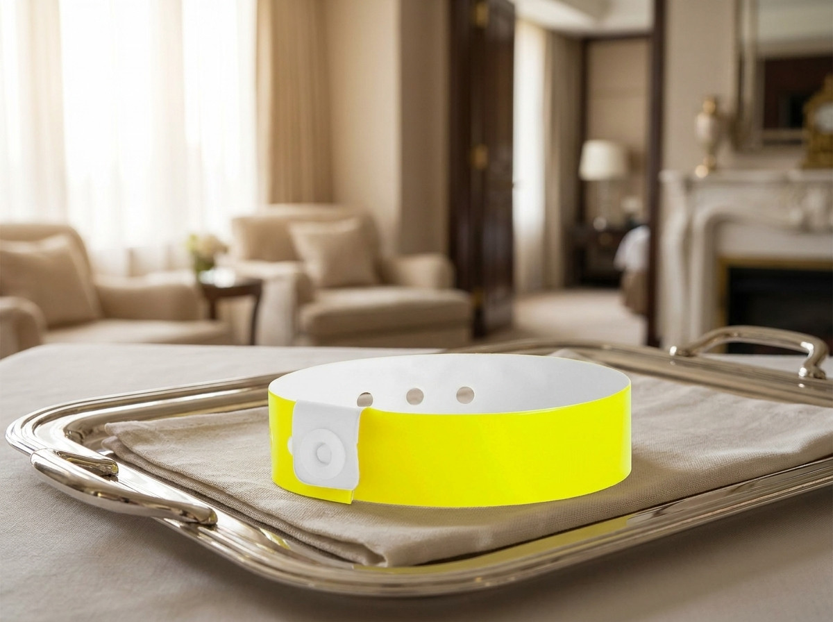 Bracelet VIP personnalisé pour client de suite hôtelière, posé sur un plateau de service élégant
