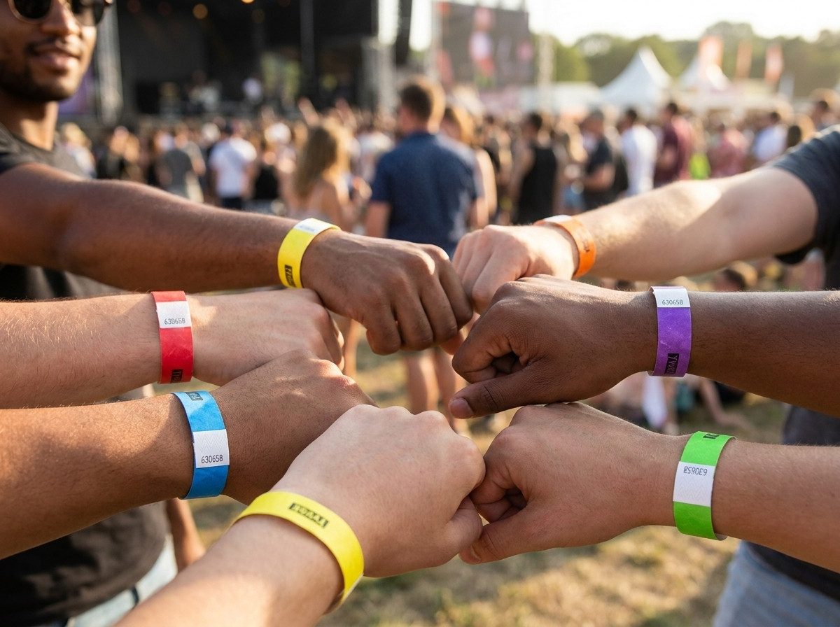 Bracelets Tyvek multicolores pour identification des catégories de visiteurs lors d'un festival en plein air