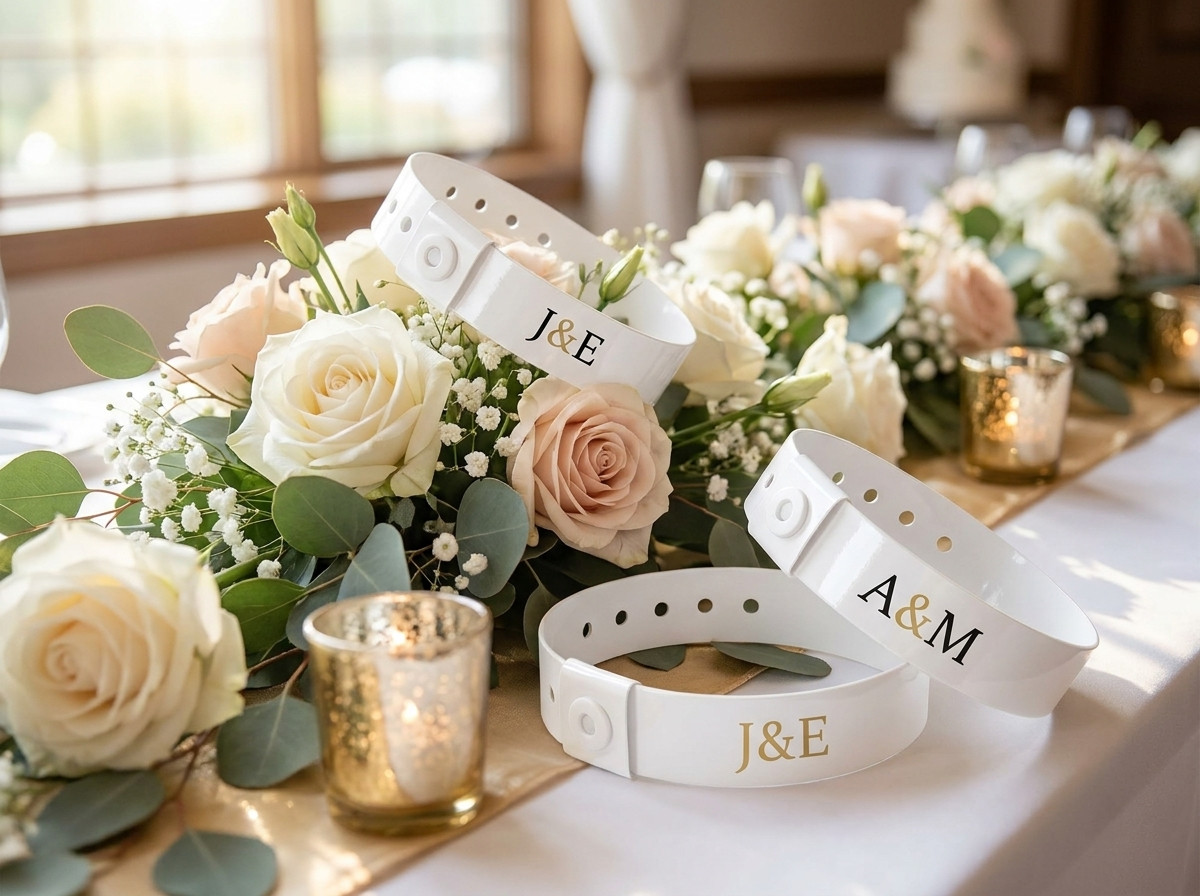 Bracelets mariage personnalisés blanc avec initiales dorées disposés sur une table de décoration florale