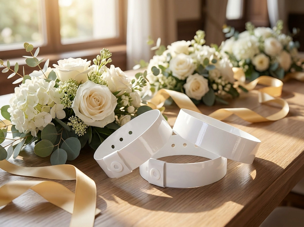 Bracelets mariage VIP personnalisés posés sur une table décorée de fleurs blanches et de rubans dorés