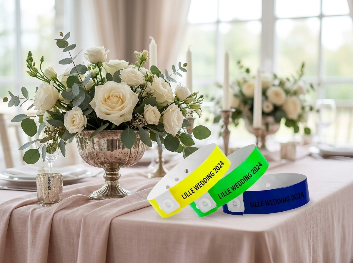 Bracelets mariage personnalisés Tyvek et sur une table de réception à Lille