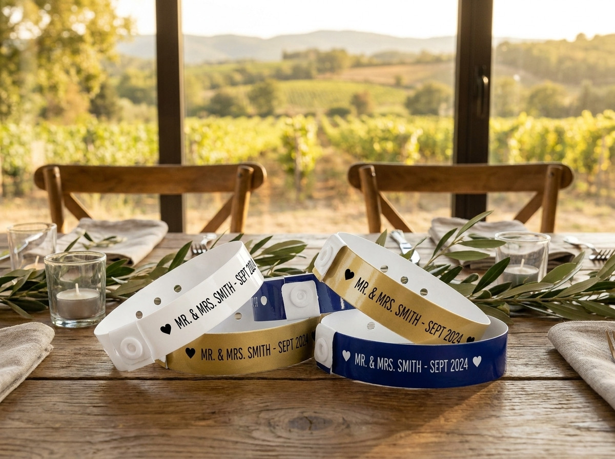 Bracelets mariage personnalisés Tyvek et livrés à Montpellier pour un domaine viticole en Hérault