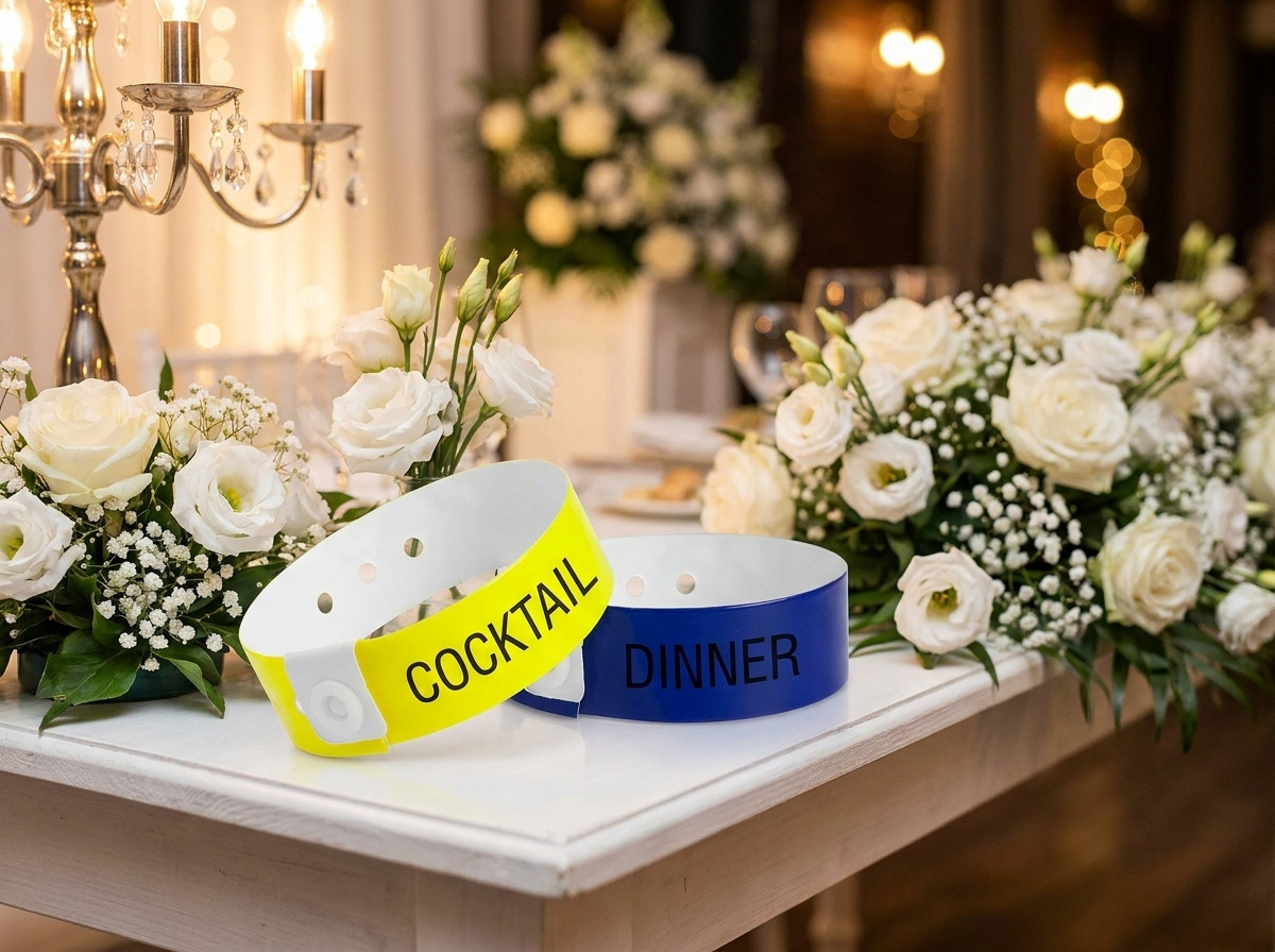 Deux types de bracelets mariage posés côte à côte sur une table de réception décorée de fleurs blanches, illustrant la distinction cocktail et repas