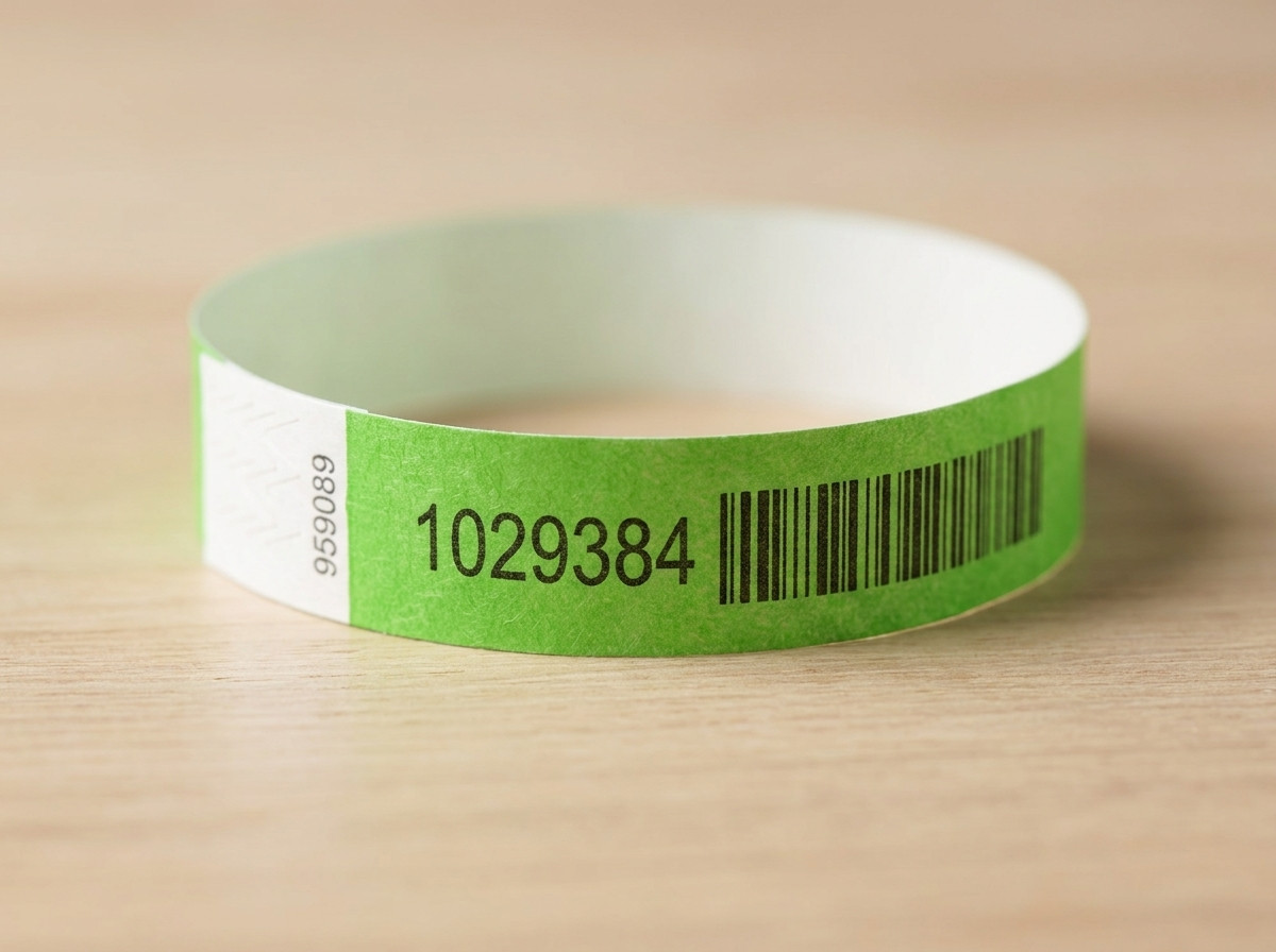 Gros plan sur un bracelet Tyvek avec numéro séquentiel imprimé et code-barres, posé sur une table d'accueil d'événement