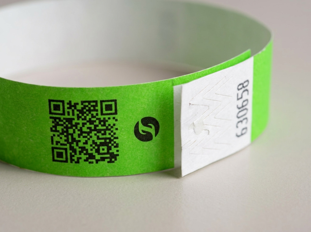 Gros plan sur un bracelet identification avec QR code et logo imprimés en haute définition