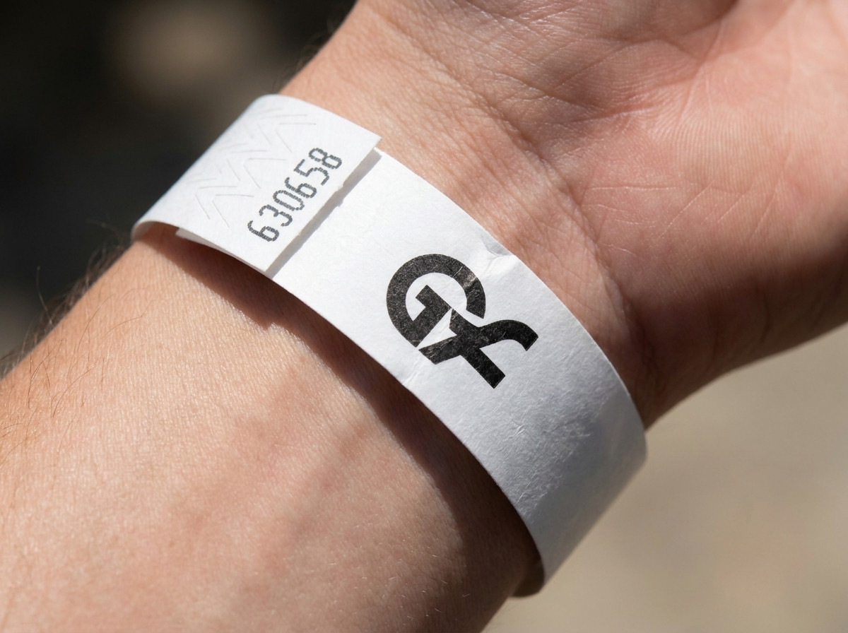Gros plan sur un bracelet en papier blanc portant un logo imprimé en couleur, fermé sur un poignet