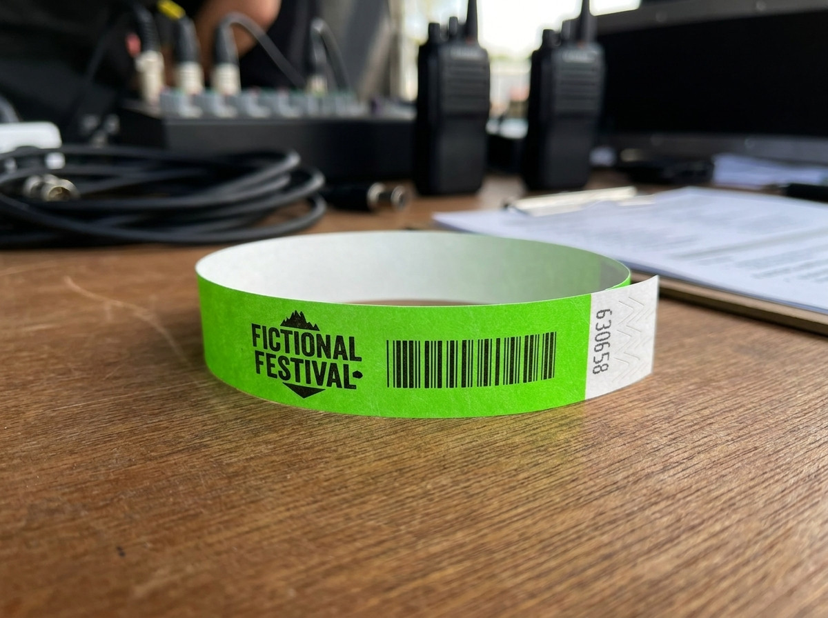 Gros plan sur un bracelet en papier blanc avec logo imprimé fermé sur un poignet