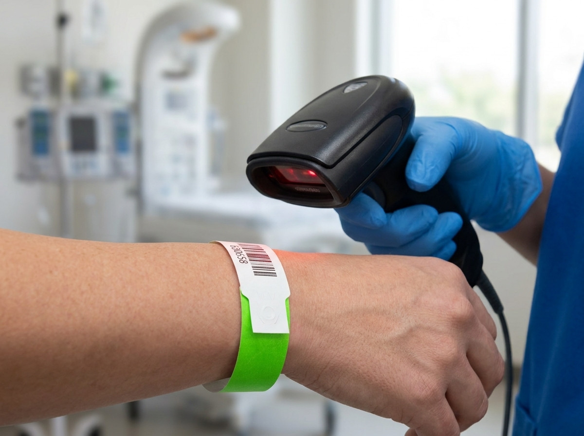 Infirmière scannant un bracelet en plastique rigide au poignet du patient