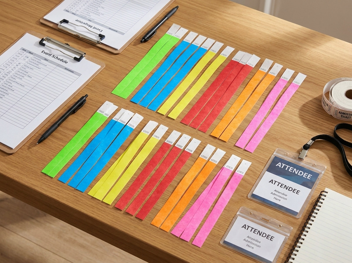 Vue d'ensemble d'un contrôle d'accès à l'entrée d'un grand festival, avec des agents vérifiant des bracelets Tyvek colorés sur les poignets des participants