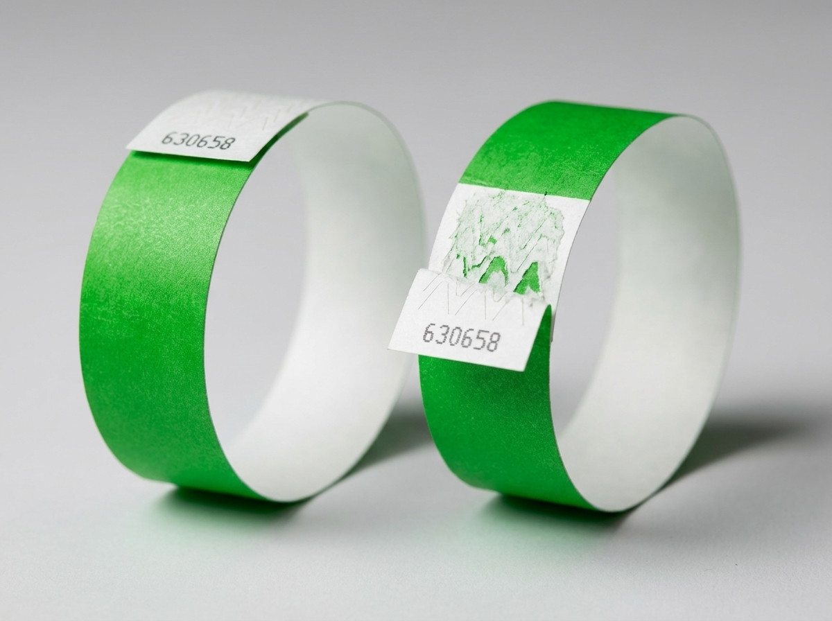 Comparaison côte à côte d'un bracelet Tyvek et d'un bracelet identification personnalisés pour un événement, illustrant les différences de matière, d'épaisseur et de fermeture