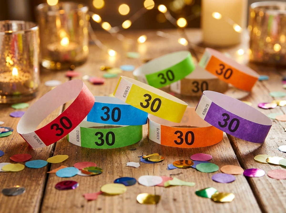 Bracelets Tyvek colorés personnalisés avec le chiffre 30 pour une soirée anniversaire, posés sur une table décorée de confettis