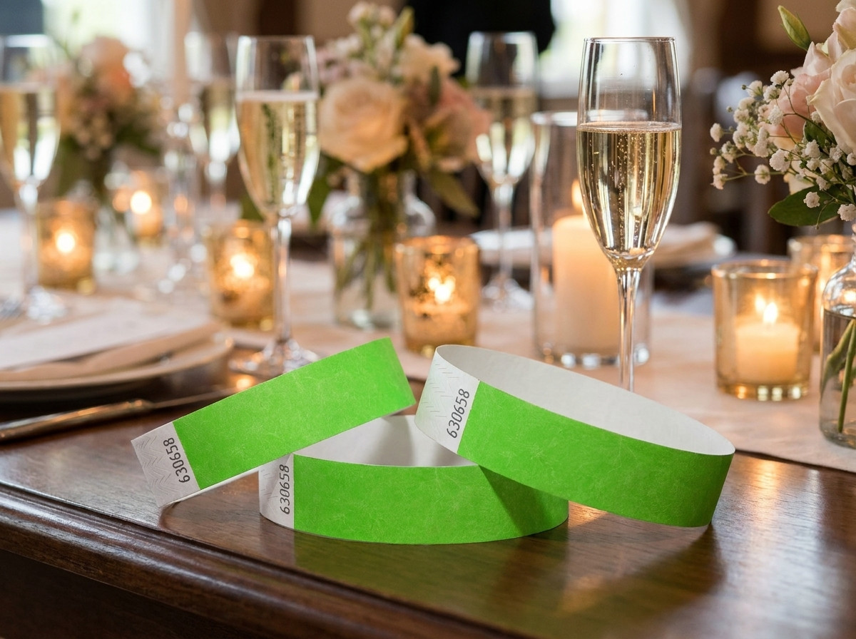 Bracelets Tyvek personnalisés pour une soirée privée élégante, posés sur une table décorée avec des verres à champagne