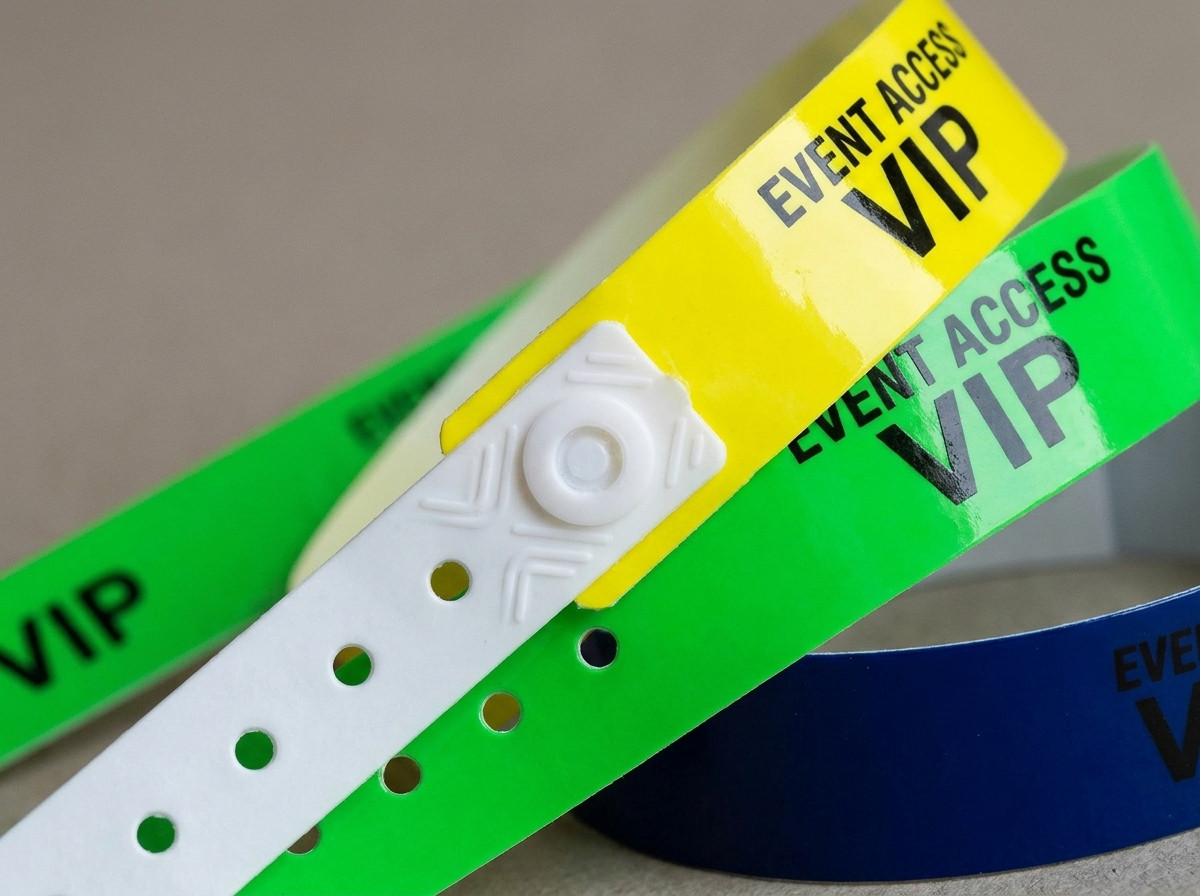 Bracelets vinyle PVC colorés en gros plan, montrant fermeture anti-transfert et impression haute définition