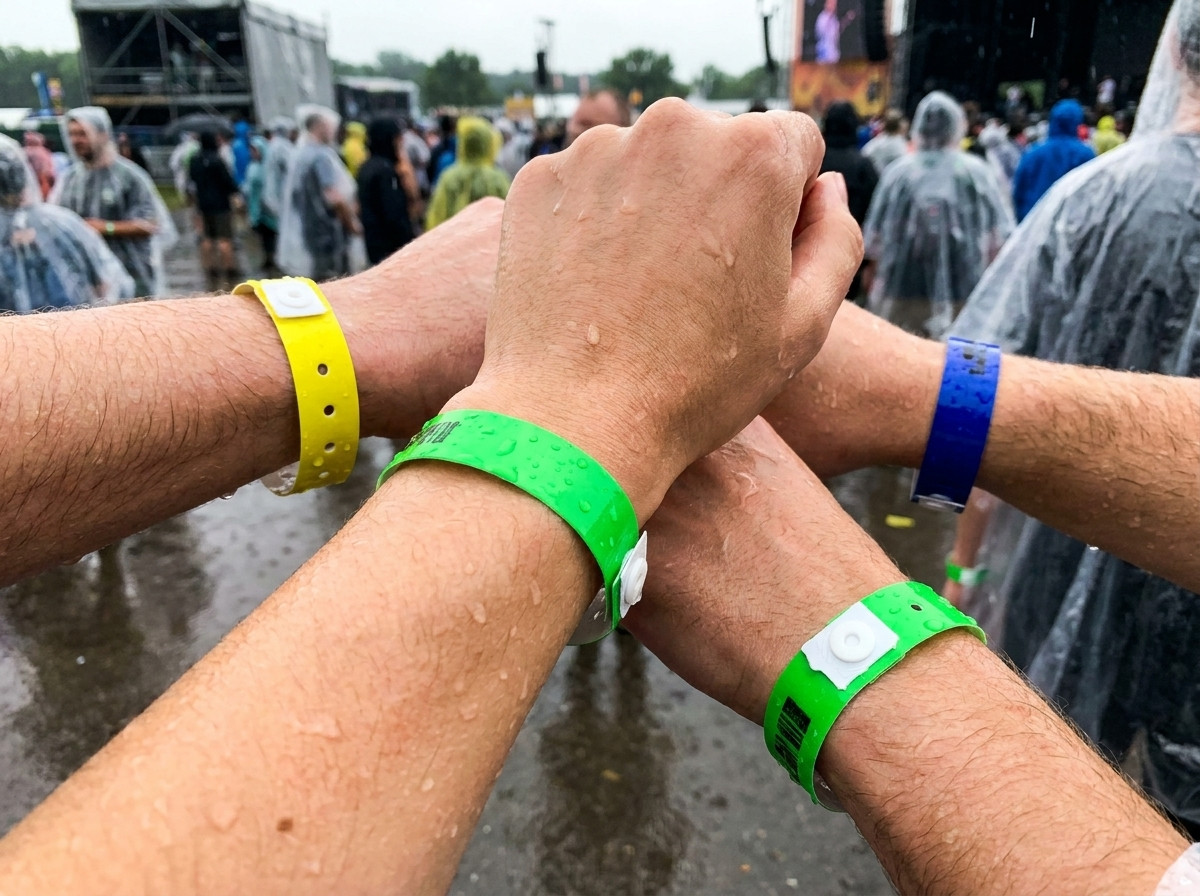 Bracelets vinyle PVC colorés portés au poignet pendant un festival multi-jours sous la pluie