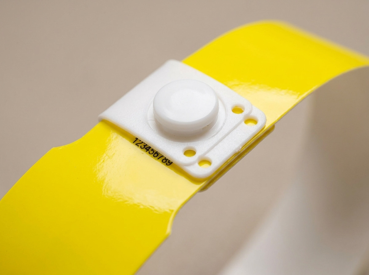 Gros plan sur un bracelet vinyle PVC jaune avec fermeture à pression plastique